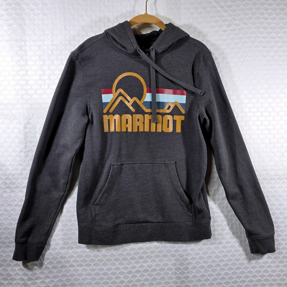 Marmot Mens Small Charcoal Grey Retro Mountain Graphic Pullover Fleece Hoodie